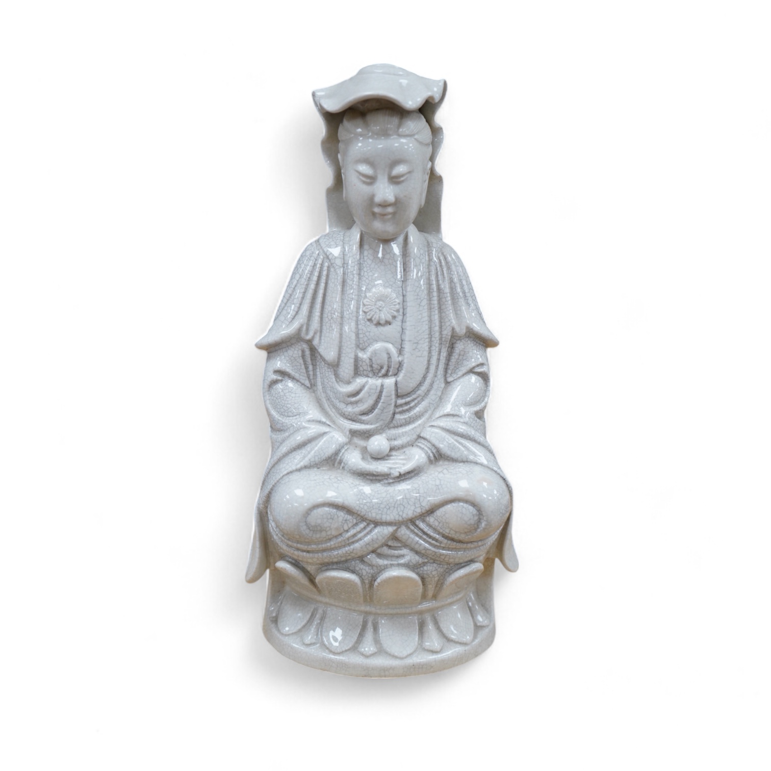 A late 19th/early 20th century Chinese crackle glaze figure of Guanyin, 30cm high. Condition - fair